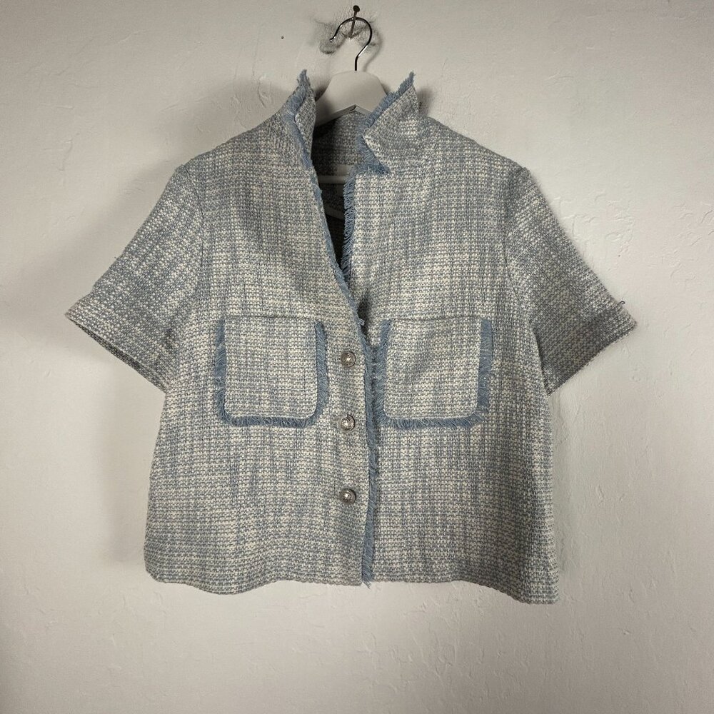 Joie Womens Short Sleeve Tweed Jacket Large Blue Fringe Trim Button Front New
